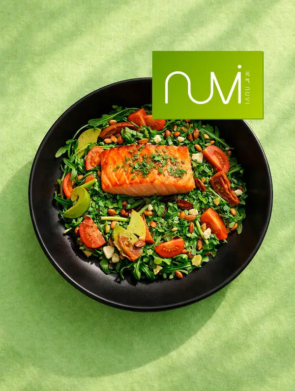 Salmon salad bowl with Nuvi logo card
